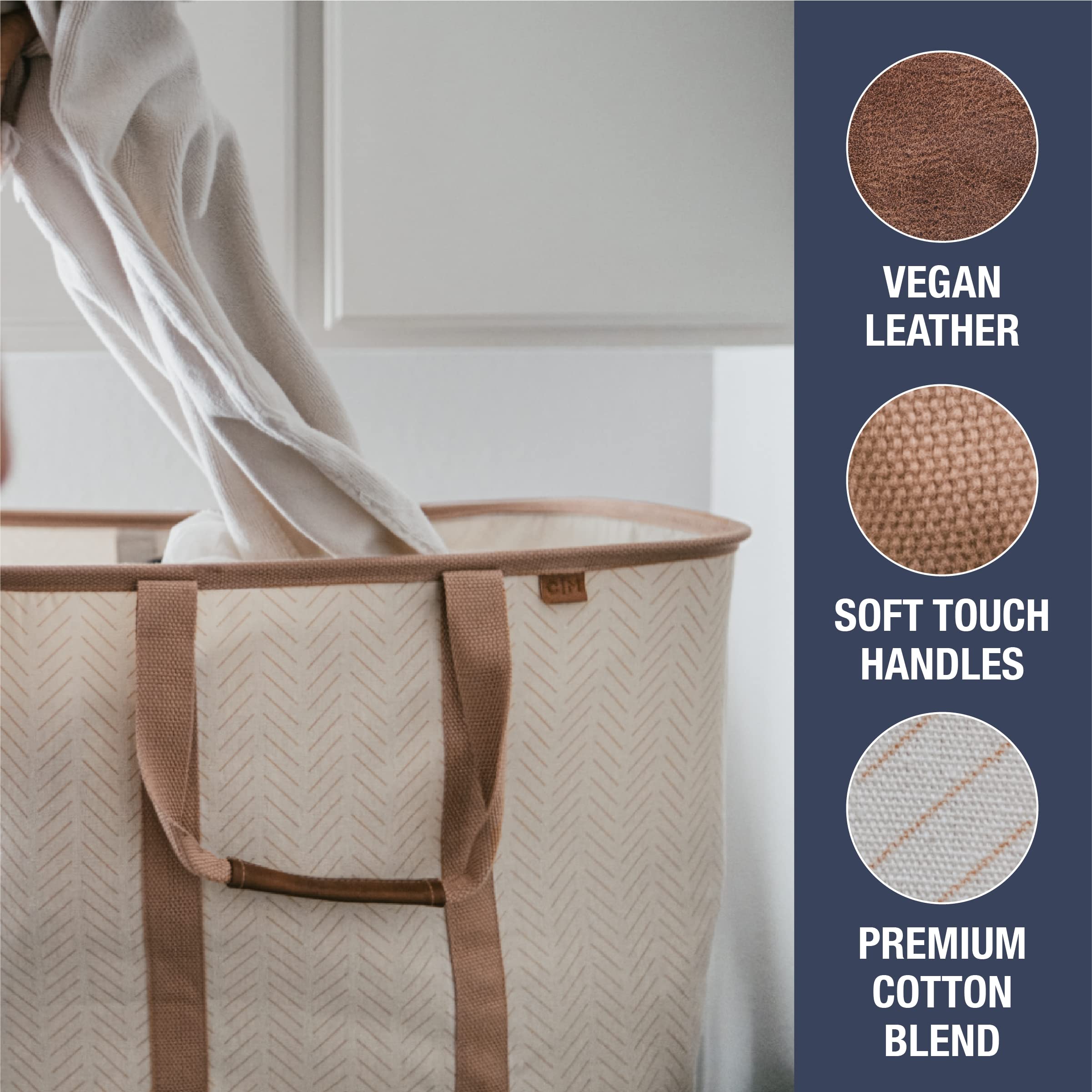 Clevermade Collapsible Laundry Tote, Luxe Cream Herringbone 2Pk - 50L (13 Gal) Premium Cotton Blend Collapsible Laundry Baskets